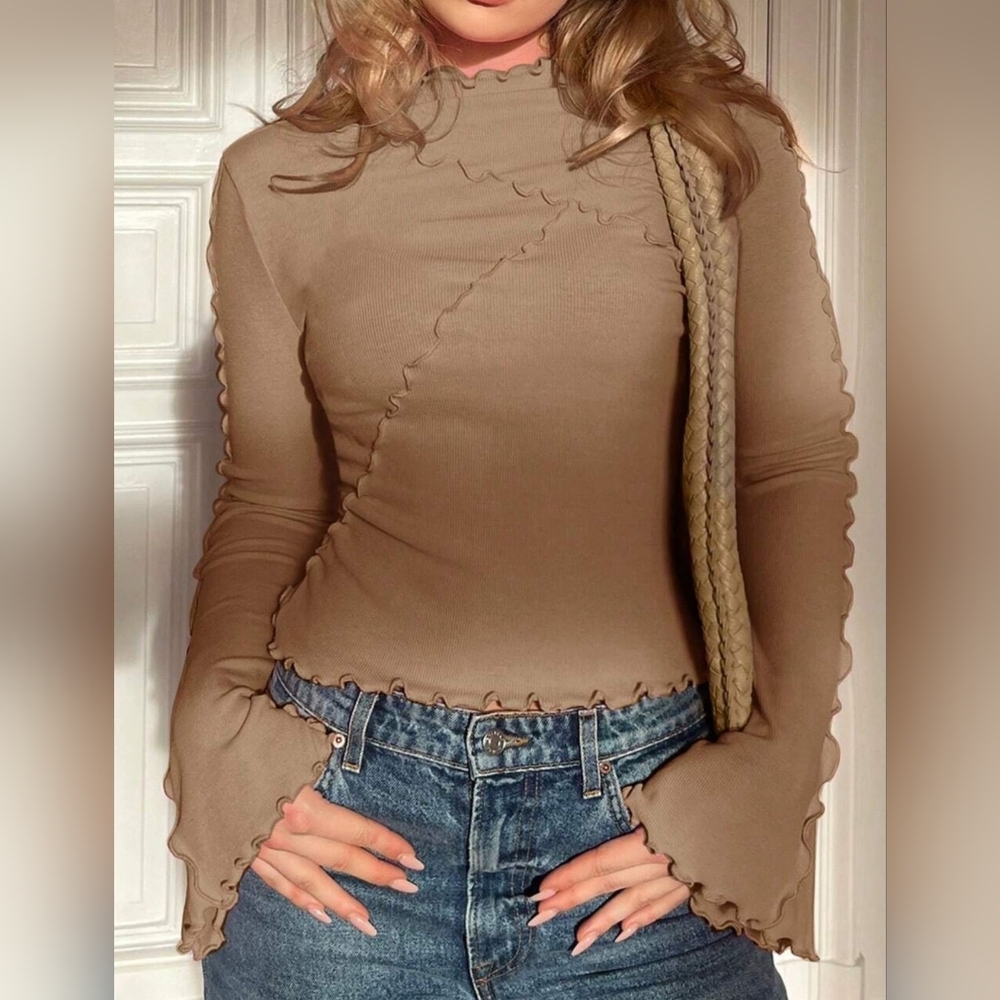 Tan Ruffled Women's Flare Sleeve Top